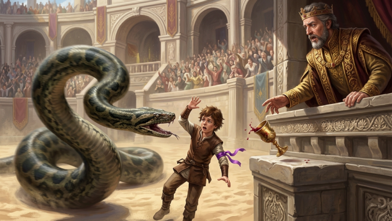 DIE RIESIGE ARENA-SCHLANGE WAND SICH BLITZSCHNELL AUF DEN JUNGEN ZU — DOCH ALS DER IMPERATOR DAS PURPURBAND AN SEINEM ARM SAH, FIEL IHM DER WEINBECHER AUS DER HAND…