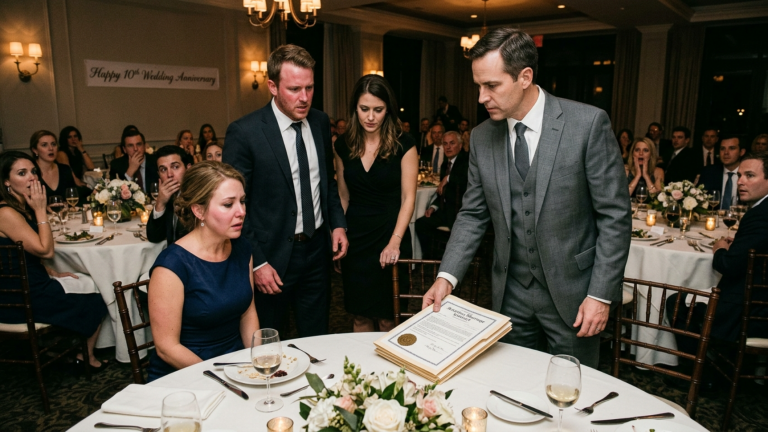 48 GÄSTE AUF UNSERER HOCHZEITSTAGSFEIER WAGTEN KEIN WORT, ALS MEIN MANN MICH VOR SEINER GELIEBTEN INS GESICHT SCHLUG — DENN JEDER WUSSTE, DASS ER ALLE FIRMENANTEILE DER FAMILIE KONTROLLIERTE … BIS MEINE ANWÄLTIN DEN NOTARIELL BEGLAUBIGTEN EHEVERTRAG AUF DEN TISCH LEGTE.