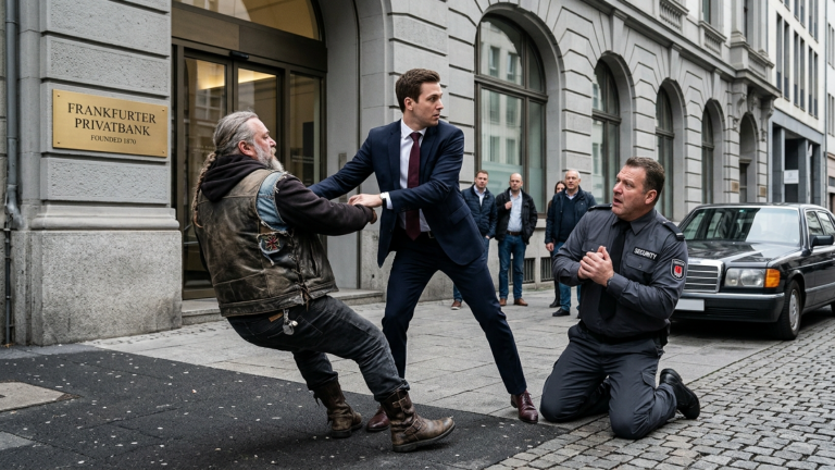 DER JUNGE BANKDIREKTOR STIEẞ DEN ALTEN BIKER VOR DER FRANKFURTER PRIVATBANK AUF DEN ASPHALT — DOCH ALS SEINE LEDERWESTE AUFRISS FIEL DER SICHERHEITSCHEF PLÖTZLICH AUF DIE KNIE.