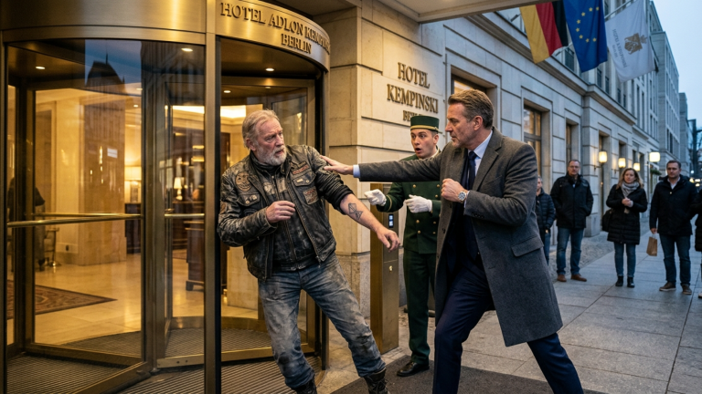 DER REICHE HOTELGAST WARF DEN ALTEN BIKER VOR DEM BERLINER LUXUSHOTEL GEGEN DIE DREHTÜR — DOCH ALS SEIN ÄRMEL HOCHRUTSCHTE ERKANNTE DER PORTIER DAS ZEICHEN DAS SEIT ZWANZIG JAHREN VERBOTEN WAR.