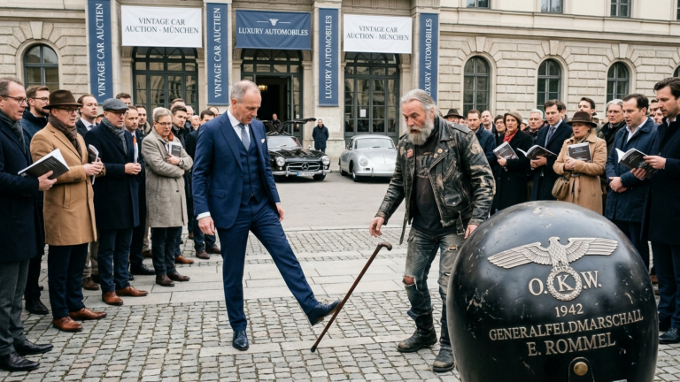 DER LUXUSHÄNDLER TRAT DEM GRAUBÄRTIGEN BIKER VOR DER MÜNCHNER OLDTIMER-AUKTION DEN GEHSTOCK WEG — DOCH ALS SEIN HELM ZU BODEN FIEL VERSTUMMTEN ALLE BIETER WEGEN DER GRAVUR DARIN.