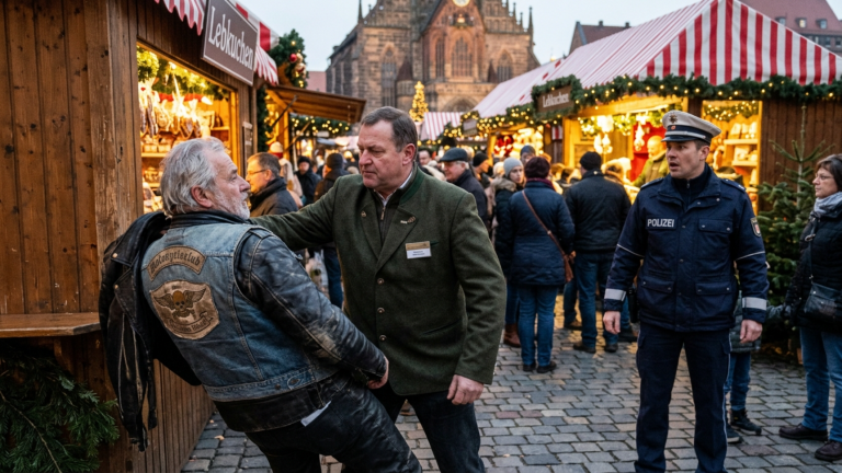 DER MARKTLEITER SCHLUG DEN ALTEN BIKER AUF DEM NÜRNBERGER WEIHNACHTSMARKT MIT DER SCHULTER GEGEN EINEN HOLZSTAND — DOCH ALS SEINE JACKE VERRUTSCHTE ERKANNTE DER POLIZIST DAS ALTE ABZEICHEN.