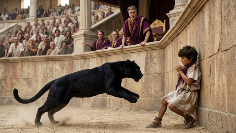 DER SCHWARZE PANTHER WAR IN DER VENATIO NUR NOCH EINEN SPRUNG VON DEM WAISENJUNGEN ENTFERNT — DOCH ALS DER IMPERATOR DAS PURPURBAND AN SEINEM HALS ERKANNTE, STAND ER BLEICH AUF…