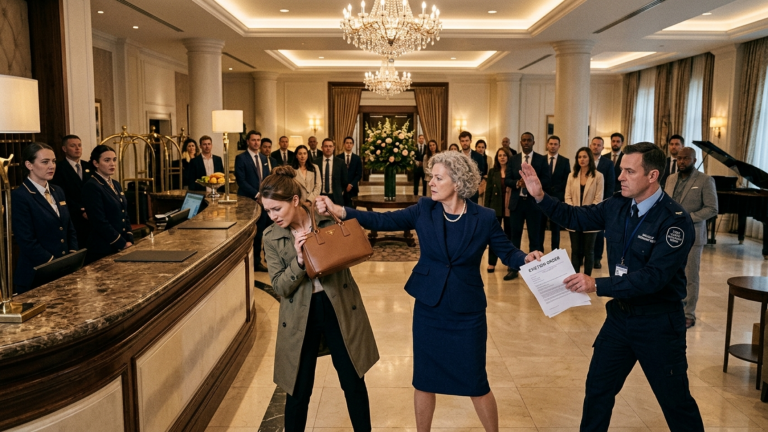 39 GÄSTE IN DER LOBBY EINES FÜNF-STERNE-HOTELS WAGTEN NICHT EINMAL ZU ATMEN, ALS MEINE SCHWIEGERMUTTER MICH VOR DER REZEPTION MIT IHRER HANDTASCHE SCHLUG — DENN SIE BESAẞ DIE GESAMTE SUITE-ETAGE … BIS EIN GERICHTSVOLLZIEHER IHR DEN RÄUMUNGSBESCHLUSS ZEIGTE.