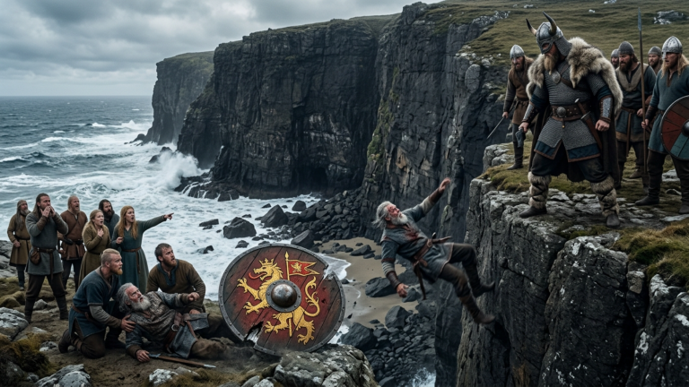 DER VIKING-JARL WARF DEN ALTEN KRIEGER VON DER KLIPPE — DOCH ALS DESSEN SCHILD UNTEN AUFSCHLUG, SAHEN ALLE DAS ZEICHEN DES KÖNIGS