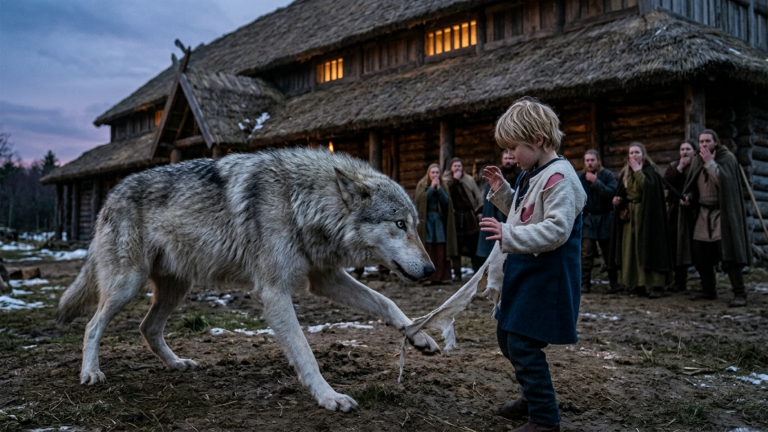 DER RIESIGE NORDWOLF STÜRMTE AUF DEN KLEINEN JUNGEN VOR DER LANGHALLE ZU — DOCH ALS SEIN HEMD ZERRISS, SENKTE DAS TIER PLÖTZLICH DEN KOPF