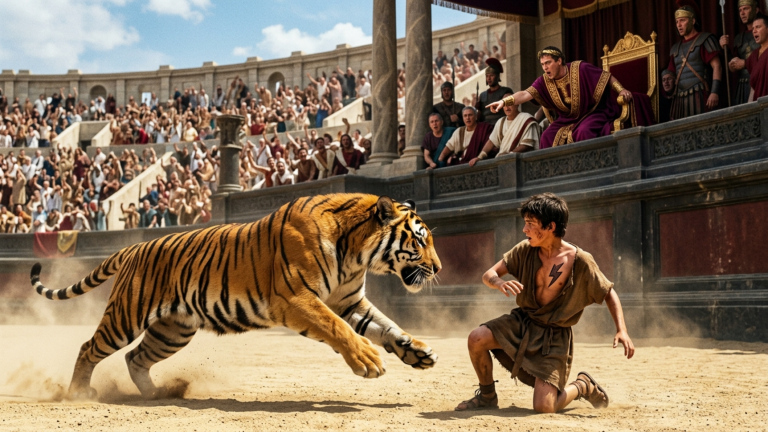 DER HIRKANISCHE TIGER RASTE DURCH DEN ARENASAND AUF DEN JUNGEN AUS DER SUBURA ZU — DOCH IM LETZTEN AUGENBLICK SAH DER IMPERATOR DAS ZEICHEN DES JUPITER AUF SEINER BRUST…