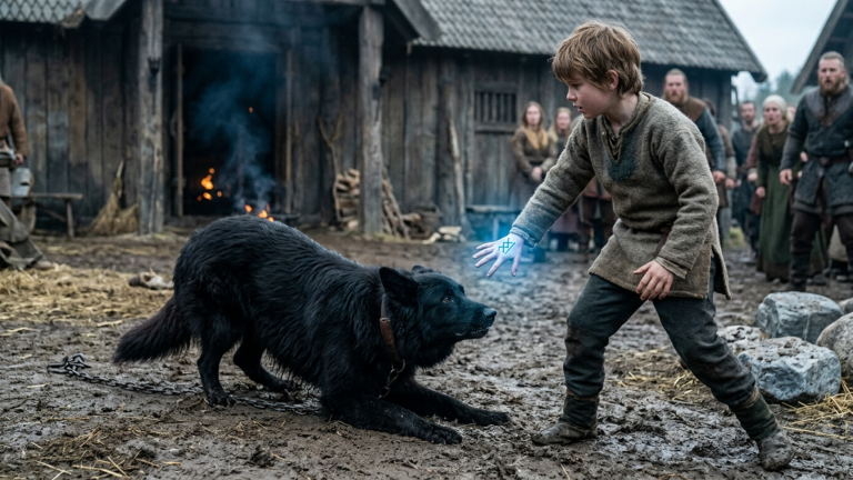 DER SCHWARZE HUND DES JARLS RISS DIE KETTE LOS UND SPRANG AUF DEN JUNGEN ZU — DOCH ALS DIE HEILIGE RUNE AUF SEINER HAND AUFLEUCHTETE, KROCH DAS TIER WINSELND VOR IHN.