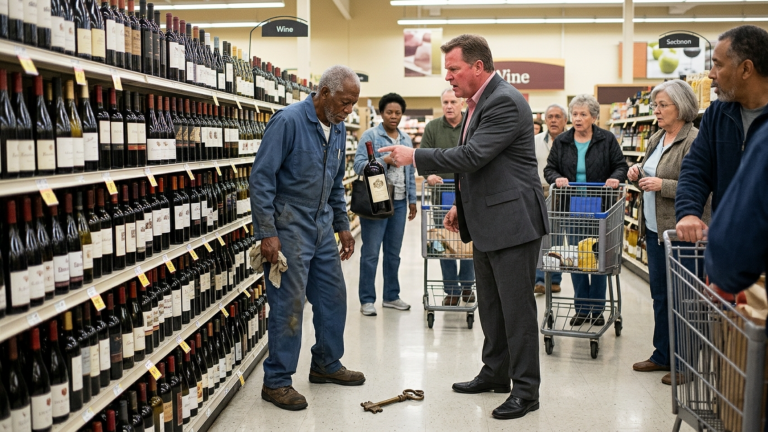 DER SUPERMARKTBESITZER STIEẞ DEN ARMEN SCHWARZEN HAUSMEISTER IN DAS WEINREGAL WEIL ER EINE TEURE FLASCHE BERÜHRT HATTE — DOCH ALS DER ALTE SCHLÜSSEL AUS SEINER TASCHE FIEL BLIEBEN ALLE KUNDEN STEHEN