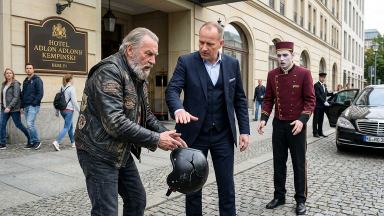 DER HOTELMANAGER SCHLUG DEM ALTEN BIKER VOR DEM BERLINER LUXUSHOTEL DEN HELM AUS DER HAND — DOCH DIE GRAVUR IM AUFGESPRUNGENEN HELM LIEẞ DEN PORTIER KREIDEBLEICH WERDEN.