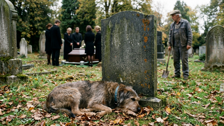 DER HUND LEGTE SICH BEI JEDER BEERDIGUNG VOR DENSELBEN ALTEN GRABSTEIN — BIS DER FRIEDHOFSWÄRTER MERKTE, DASS DER NAME DARAUF NIE EXISTIERT HATTE…
