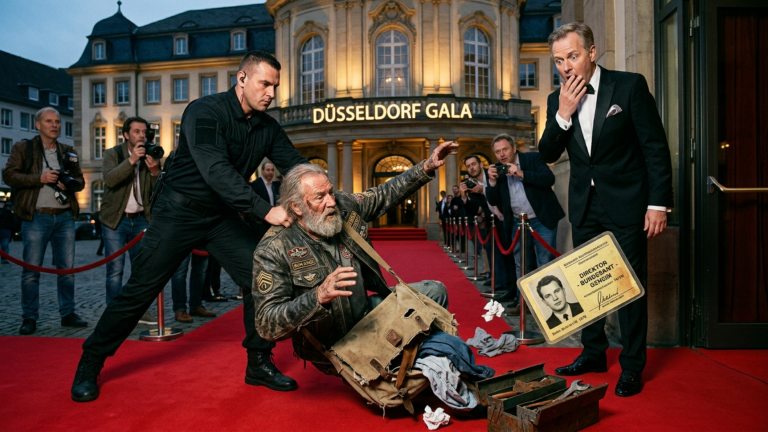 DER SICHERHEITSMANN WARF DEN ALTEN BIKER VOR DER DÜSSELDORFER GALA AUF DEN ROTEN TEPPICH — DOCH ALS SEINE TASCHE AUFPLATZTE WURDE SOGAR DER GASTGEBER BLASS WEGEN DES ALTEN AUSWEISES DARIN.