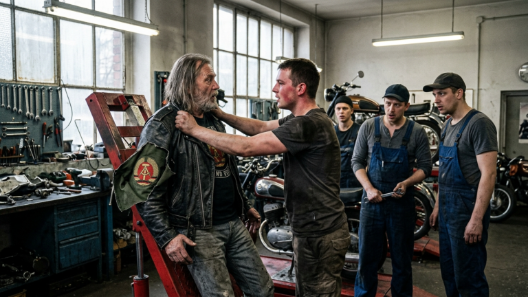DER JUNGE WERKSTATTCHEF STIEẞ DEN ALTEN BIKER IN BERLIN GEGEN DIE HEBEBÜHNE — DOCH ALS SEINE LEDERJACKE AUFRISS WURDEN ALLE MECHANIKER STILL WEGEN DES ZEICHENS AUF DER INNENSEITE