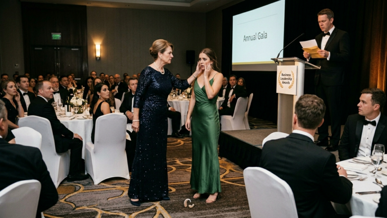 DIE SCHWIEGERMUTTER OHRFEIGTE IHRE SCHWIEGERTOCHTER MIT HÖRGERÄT BEI DER UNTERNEHMERGALA SO HART DASS DAS GERÄT ZU BODEN FIEL DOCH DIE GÄSTE WAGTEN KEINE REAKTION WEIL SIE DIE VORSTANDSVORSITZENDE WAR — BIS DER MODERATOR DEN FALSCHEN RESERVEUMSCHLAG ÖFFNETE UND DER GANZE SAAL STILL WURDE.