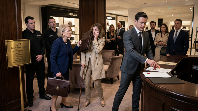 DIE SCHWIEGERMUTTER SCHLUG IHRER HINKENDEN SCHWIEGERTOCHTER IM LUXUS-KAUFHAUS DIE AKTENMAPPE INS GESICHT DOCH DIE SECURITY WAGTE KEINEN SCHRITT WEIL IHR NAME AUF DEM VORSTANDSSCHILD STAND — BIS DER HAUSANWALT EIN ROTES SIEGEL AUF DEN TRESEN LEGTE UND DER GANZE VIP-BEREICH STILL WURDE.