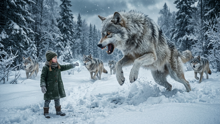 DER RIESIGE NORDWOLF BRACH DURCH DEN SCHNEE UND STÜRMTE AUF DAS KLEINE MÄDCHEN ZU — DOCH ALS SIE DIE FAUST ÖFFNETE, BLIEB DAS GANZE RUDEL WIE ERSTARRT STEHEN