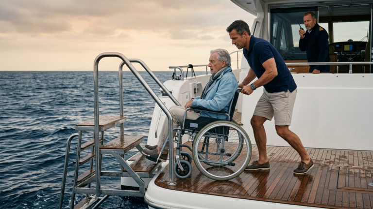 DER SOHN SCHOB DEN ROLLSTUHL SEINES VATERS AUF DER FAMILIENYACHT BIS AN DIE NASSEN STUFEN, WEIL DIE FIRMA NACH DIESER REISE IHM GEHÖREN SOLLTE — DOCH DER KAPITÄN HATTE DEN LETZTEN SATZ IM FUNKGERÄT GEHÖRT.