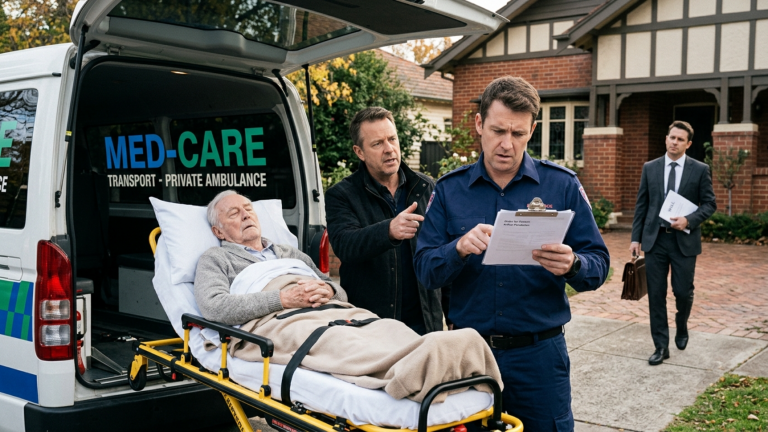 DER SOHN LIESS DEN ALTEN VATER IN EINEM PRIVATEN KRANKENTRANSPORT ABHOLEN, BEVOR DER ANWALT DAS NEUE TESTAMENT BRINGEN KONNTE — DOCH DER FAHRER LAS DEN ANDEREN NAMEN AUF DEM AUFTRAG.