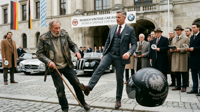 DER LUXUSHÄNDLER TRAT DEM ALTEN BIKER MIT GEHSTOCK VOR DER MÜNCHNER OLDTIMER-AUKTION DIE STÜTZE WEG — DOCH ALS SEIN HELM ZU BODEN FIEL VERSTUMMTEN ALLE BIETER WEGEN DER GRAVUR DARIN.