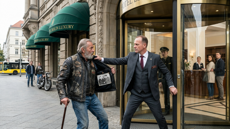 DER HOTELMANAGER STIEẞ DEN ALTEN BIKER MIT GEHSTOCK VOR DEM BERLINER LUXUSHOTEL GEGEN DIE DREHTÜR — DOCH ALS SEINE LEDERJACKE AUFRISS WURDE DIE GANZE LOBBY STILL WEGEN DES FOTOS IM INNENFUTTER.