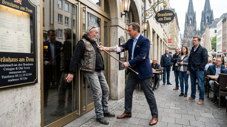 DER REICHE GAST RAMMTE DEN ALTEN BIKER MIT GEHSTOCK VOR DEM KÖLNER RESTAURANT GEGEN DIE GLASTÜR — DOCH ALS SEIN ÄRMEL ZERRISS HÖRTE NIEMAND MEHR ZU LACHEN WEGEN DES ZEICHENS DARUNTER.