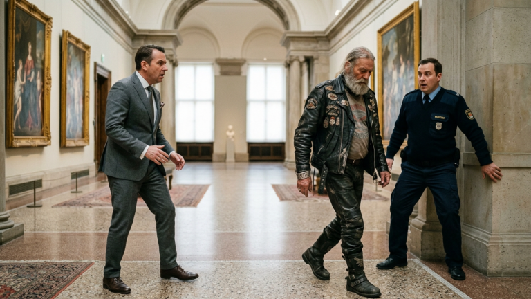 DER MUSEUMSWÄCHTER TRAT DEM ALTEN BIKER IN DRESDEN DEN GEHSTOCK WEG — DOCH ALS SEIN ARMBAND UNTER DEM ÄRMEL HERVORRUTSCHTE WICH DER DIREKTOR ZURÜCK WEGEN DER GRAVUR DARAUF.