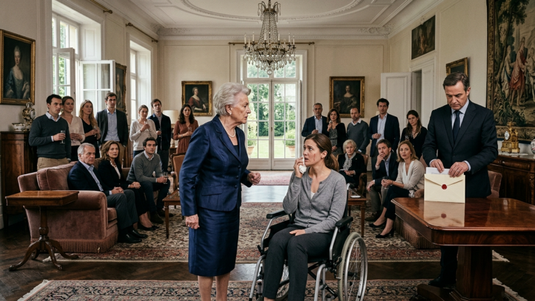 DIE SCHWIEGERMUTTER SPUCKTE IHRER SCHWIEGERTOCHTER IM ROLLSTUHL MITTEN IM SALON DER VILLA DIREKT INS GESICHT UND ERKLÄRTE VOR 20 VERWANDTEN DASS SIE NICHT WÜRDIG SEI DEN ENKEL GROẞZUZIEHEN DOCH NIEMAND WAGTE EIN WORT WEIL SIE DEN GANZEN FAMILIENFONDS KONTROLLIERTE — BIS DER FAMILIENRICHTER DEN VERSIEGELTEN UMSCHLAG ÖFFNETE UND DIE GANZE VILLA VERSTUMMTE.