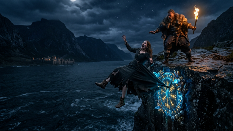 DER JARL STIESS DIE WITWE IN DEN SCHWARZEN FJORD — DOCH IHR KLEID VERFING SICH UNTEN AN ETWAS, DAS IM DUNKELN GLÜHTE…