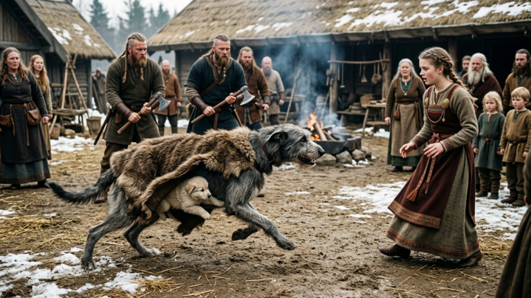 DER WOLFSHUND RANNTE KNURREND AUF DIE TOCHTER DES JARLS ZU, UND ALLE GRIFFEN NACH DEN ÄXTEN — DOCH DANN SAHEN SIE, WAS UNTER IHREM FELLUMHANG KROC