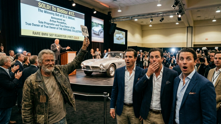 Drei Autohändler lächelten spöttisch und machten sich lustig, als ein alter Biker das Bieterschild für die seltene BMW hob – bis der Name des wahren Besitzers bekannt gegeben wurde und die drei Händler völlig fassungslos waren.