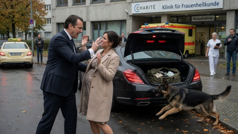 DER MANN IM TEUREN ANZUG OHRFEIGTE DIE SCHWANGERE FRAU VOR DER BERLINER KLINIK WEIL SIE NICHT INS AUTO STEIGEN WOLLTE — DOCH IHR SCHÄFERHUND RANNTE NICHT ZU IHR SONDERN ZU DER VERSTECKTEN TASCHE IM KOFFERRAUM.