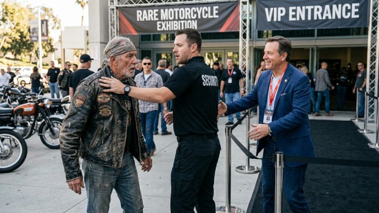 Ein Sicherheitsmitarbeiter stieß einen alten Biker in einer abgetragenen, rissigen Lederjacke vor dem Ausstellungsbereich seltener Motorräder grob zur Seite – bis der Veranstalter persönlich erschien, um ihn zu begrüßen, was den Sicherheitsmann sprachlos zurückließ.