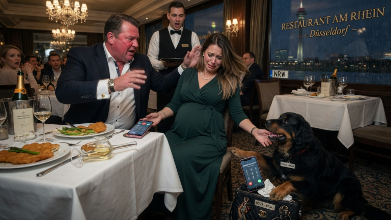DER REICHE EHEMANN OHRFEIGTE SEINE SCHWANGERE FRAU IM DÜSSELDORFER RESTAURANT WEIL SIE HEIMLICH HILFE RUFEN WOLLTE — DOCH DER HOVAWART ZOG UNTER DEM TISCH EIN ZWEITES HANDY HERVOR.