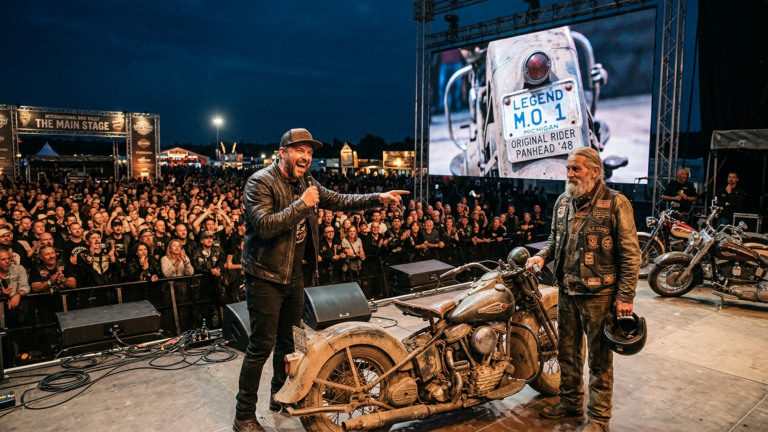 Der Moderator eines internationalen Motorradtreffens verspottete einen alten Biker wegen seines staubigen Motorrads… bis das Kennzeichen auf der Großleinwand erschien.