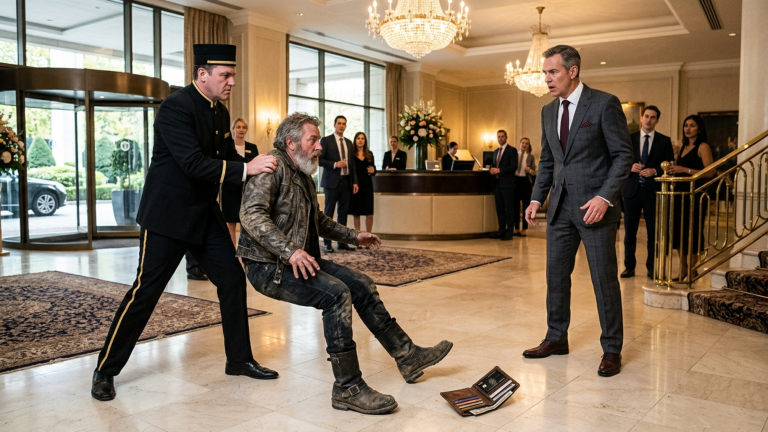 Ein Angestellter eines Luxushotels stieß einen grau bärtigen Biker in schmutzigen, mit Schlamm bedeckten Stiefeln grob zu Boden, als dieser die Haupthalle eines Fünf-Sterne-Hotels betrat – bis der Hotelmanager die Karte in seiner Ledergeldbörse sah. Plötzlich änderte sich alles.