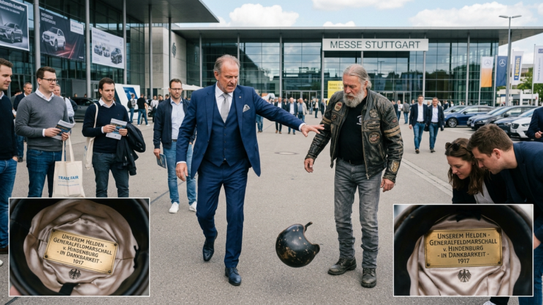 DER REICHE AUTOHÄNDLER SCHLUG DEM ALTEN BIKER VOR DER STUTTGARTER MESSE DEN HELM AUS DER HAND — DOCH ALS DER HELM ÜBER DEN BODEN ROLLTE WURDEN ALLE KÄUFER STILL WEGEN DER GRAVUR IM FUTTER.