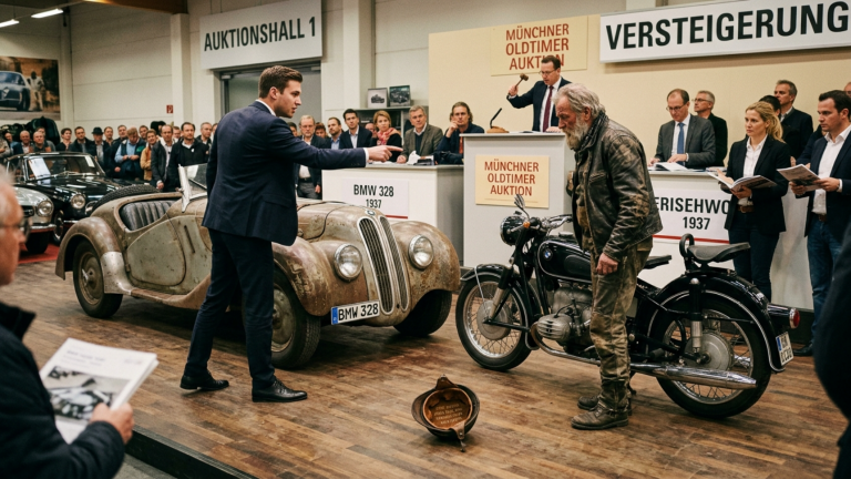 DER JUNGE AUTOHÄNDLER TRAT VOR DER MÜNCHNER OLDTIMER-AUKTION GEGEN DIE ALTE MASCHINE DES GRAUBÄRTIGEN BIKERS — DOCH ALS SEIN HELM VOM LENKER FIEL VERSTUMMTEN ALLE BIETER WEGEN DER GRAVUR IM FUTTER.