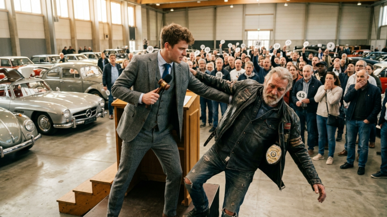 DER JUNGE AUKTIONATOR STIEẞ DEN ALTEN BIKER VOR DER BREMER OLDTIMERHALLE VOM TREPPENABSATZ — DOCH ALS SEINE JACKE AUFSPRANG HIELTEN ALLE BIETER DEN ATEM AN WEGEN DES ABZEICHENS IM INNENFUTTER.