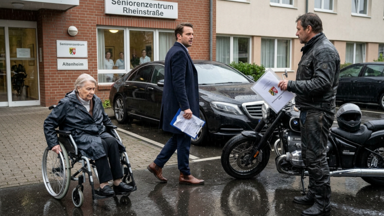 DER REICHE SOHN LIEẞ SEINE MUTTER IM ROLLSTUHL VOR DEM KÖLNER PFLEGEHEIM IM REGEN STEHEN WEIL SIE DAS FORMULAR NICHT UNTERSCHREIBEN WOLLTE — DOCH DIE BIKERIN AM PARKPLATZ ZEIGTE IHM NUR DAS SIEGEL DER STAATSANWALTSCHAFT.