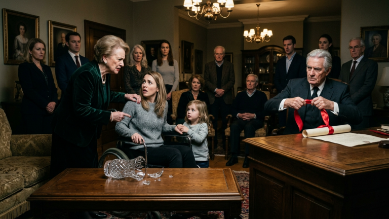 DIE SCHWIEGERMUTTER SCHLUG IHRER SCHWIEGERTOCHTER IM ROLLSTUHL MIT DER KRISTALLVASE AUF DIE SCHULTER UND ERKLÄRTE VOR DER GANZEN FAMILIE SIE WERDE DEN ENKEL NOCH IN DERSELBEN NACHT MITNEHMEN DOCH NIEMAND WAGTE EIN WORT WEIL DER FAMILIENFONDS IN IHRER HAND LAG — BIS DER ALTE RICHTER DAS ROTE BAND VOM DOKUMENT LÖSTE UND DIE GANZE HALLE VERSTUMMTE.