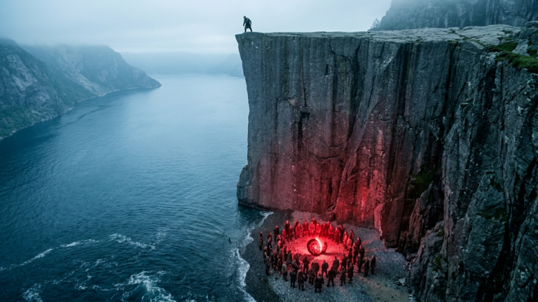 DER VIKING-JARL STIEẞ DEN ALTEN KRIEGER VON DER KLIPPE IN DEN FJORD — DOCH ALS SEIN SCHILD UNTEN AUF DEN FELSEN ZERBRACH, SAHEN ALLE DAS ZEICHEN, DAS ER JAHRELANG VERSTECKT HATTE.