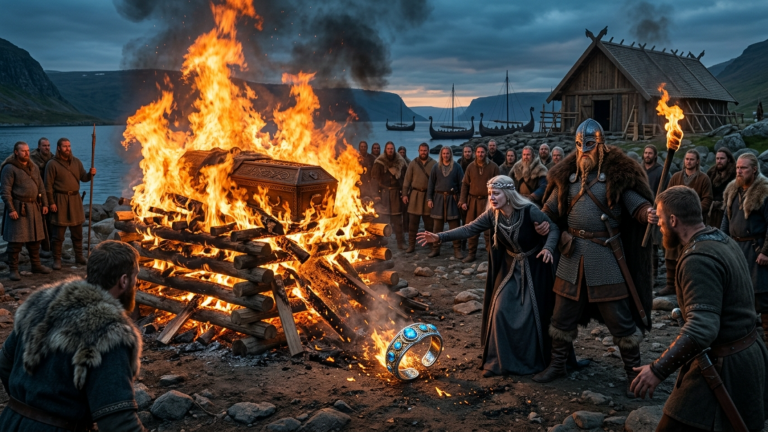 DER VIKING-JARL LIEẞ DEN SARG DES ALTEN KÖNIGS VERBRENNEN, BEVOR DIE WITWE ABSCHIED NEHMEN KONNTE — DOCH ALS DAS FEUER HOCHSCHLUG, FIEL ETWAS AUS DER ASCHE, DAS KEINER DORT ERWARTET HATTE.