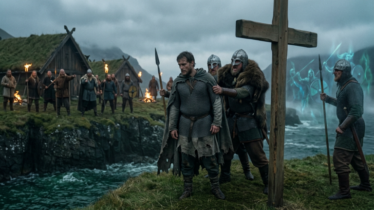 DIE VIKINGER STIEẞEN DEN HEIMGEKEHRTEN KRIEGER IN DIE FELSSPALTE UND NANNTEN IHN FEIGLING — DOCH AUS DER TIEFE KAM NICHT SEIN SCHREI, SONDERN DAS LIED DER ALTEN SCHLACHT.