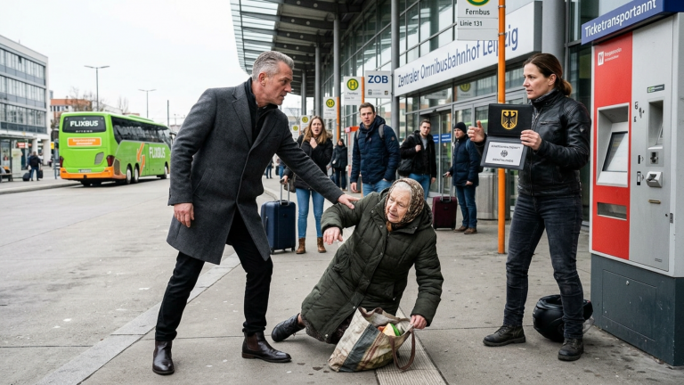 DER WOHLHABENDE FAHRGAST STIEẞ EINE ALTE FRAU AM LEIPZIGER BUSBAHNHOF ZU BODEN WEIL SIE ZU LANGSAM EINSTIEG — DOCH DIE BIKERIN AM FAHRKARTENAUTOMATEN ÖFFNETE EINE SCHWARZE AUSWEISMAPPE MIT DEM ZEICHEN DER STAATSANWALTSCHAFT.