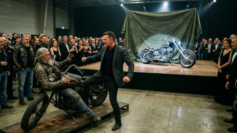 Der Showroom-Besitzer trat den grauhaarigen Biker gegen sein altes Motorrad — doch als die Plane auf der Bühne fiel, verstummte der ganze Saal.