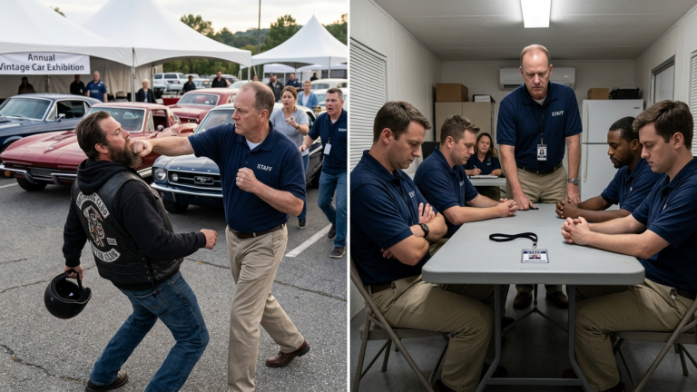 Der Manager schlug den Biker vor der Oldtimer-Ausstellung — doch als er das Abzeichen auf den Tisch legte, schwieg das ganze Team.
