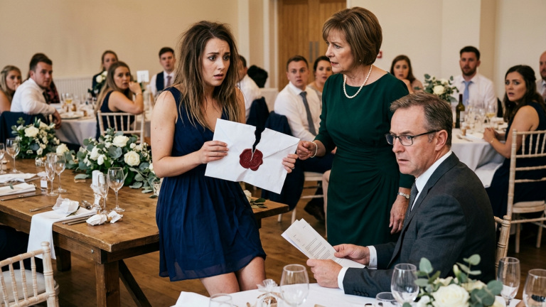 Meine Schwiegermutter schlug mich gegen den Hochzeitstisch und zerriss den Umschlag in meiner Hand — doch als der Anwalt das Siegel sah, verstummte der ganze Saal.