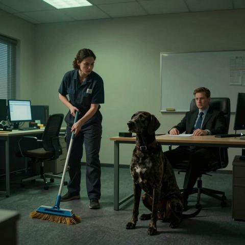 I Clean Offices at Night… And This 130-Pound (59kg) Great Dane Only Sits in One Chair, Never Looks at It, and Leaves the Room at the Exact Same Time
