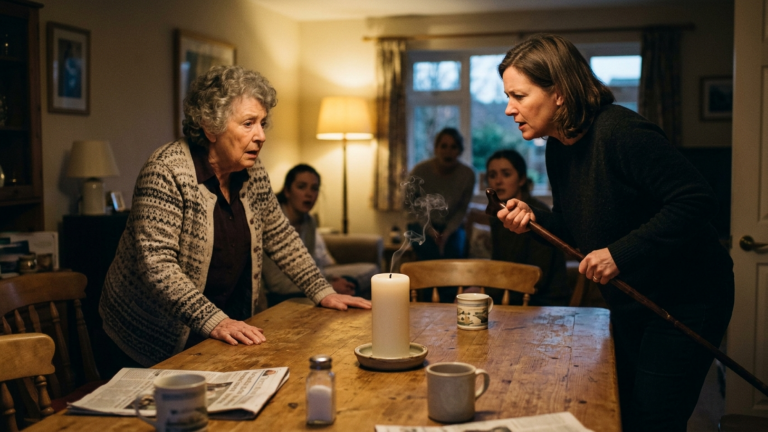 Meine Tante riss der Großmutter den Gehstock weg und stieß sie gegen den Familientisch — doch die Kerze in der Mitte erlosch plötzlich.