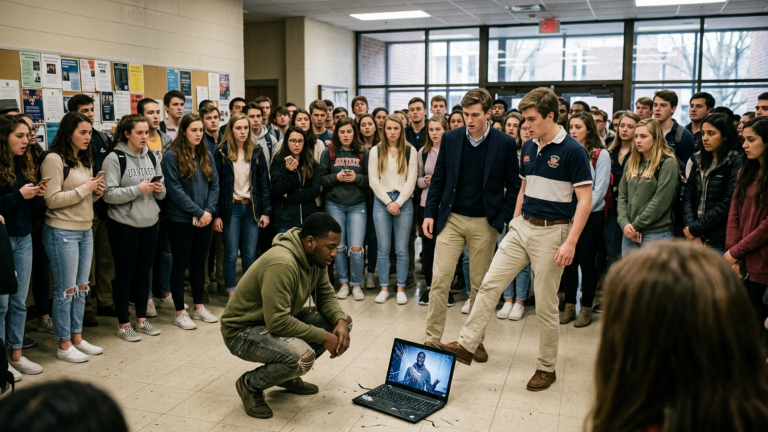 DIE REICHEN SCHÜLER SCHLUGEN DEN LAPTOP DES SCHWARZEN SCHÜLERS VOR 44 LEUTEN AUF DEN BODEN WEIL SEINE REDE BESSER WAR ALS IHRE UND NIEMAND HALF IHM — BIS DER BILDSCHIRM WIEDER ANGING UND DAS ORIGINALVIDEO ALLE ERSTARRTE